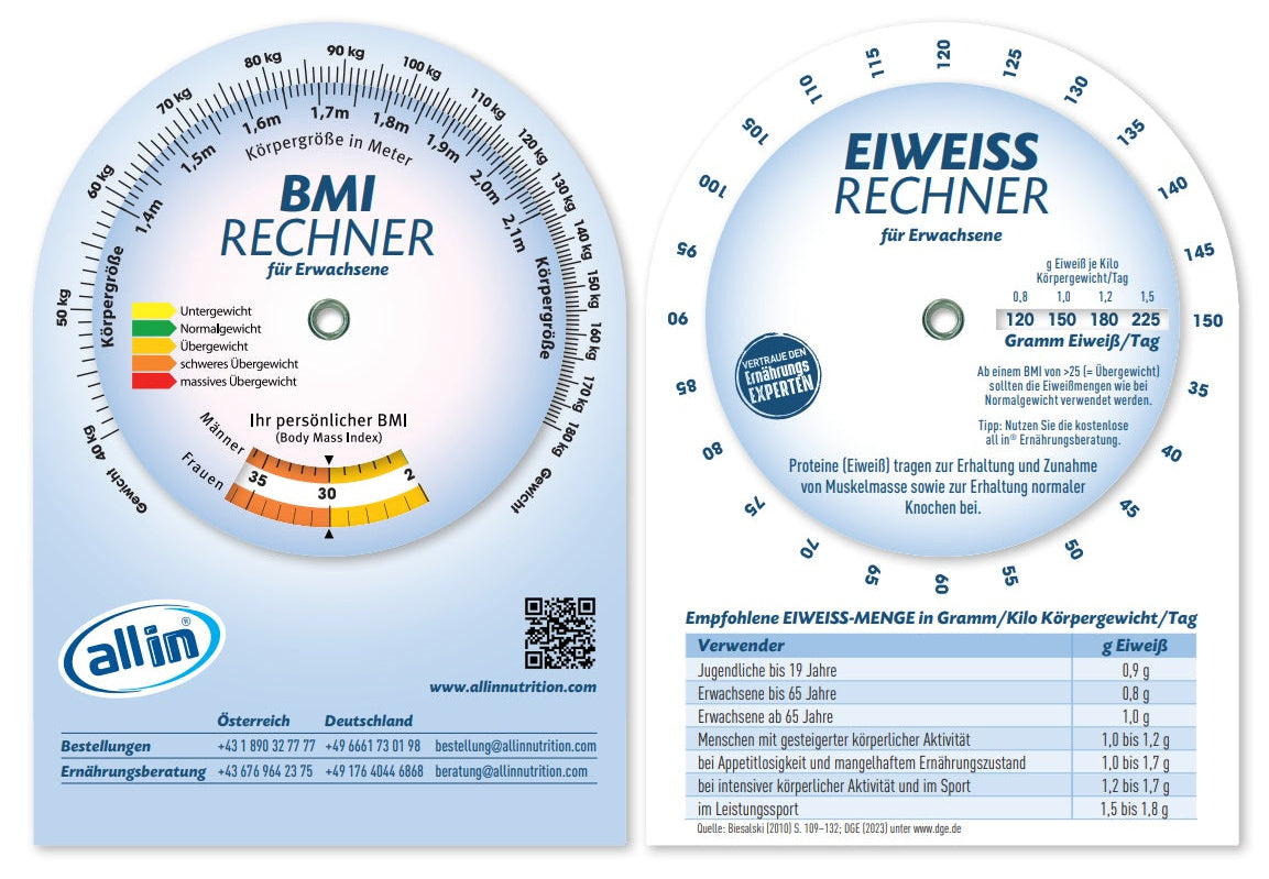 Abbildung von der all in nutrtion BMI Scheibe und dem Eiweißrechner