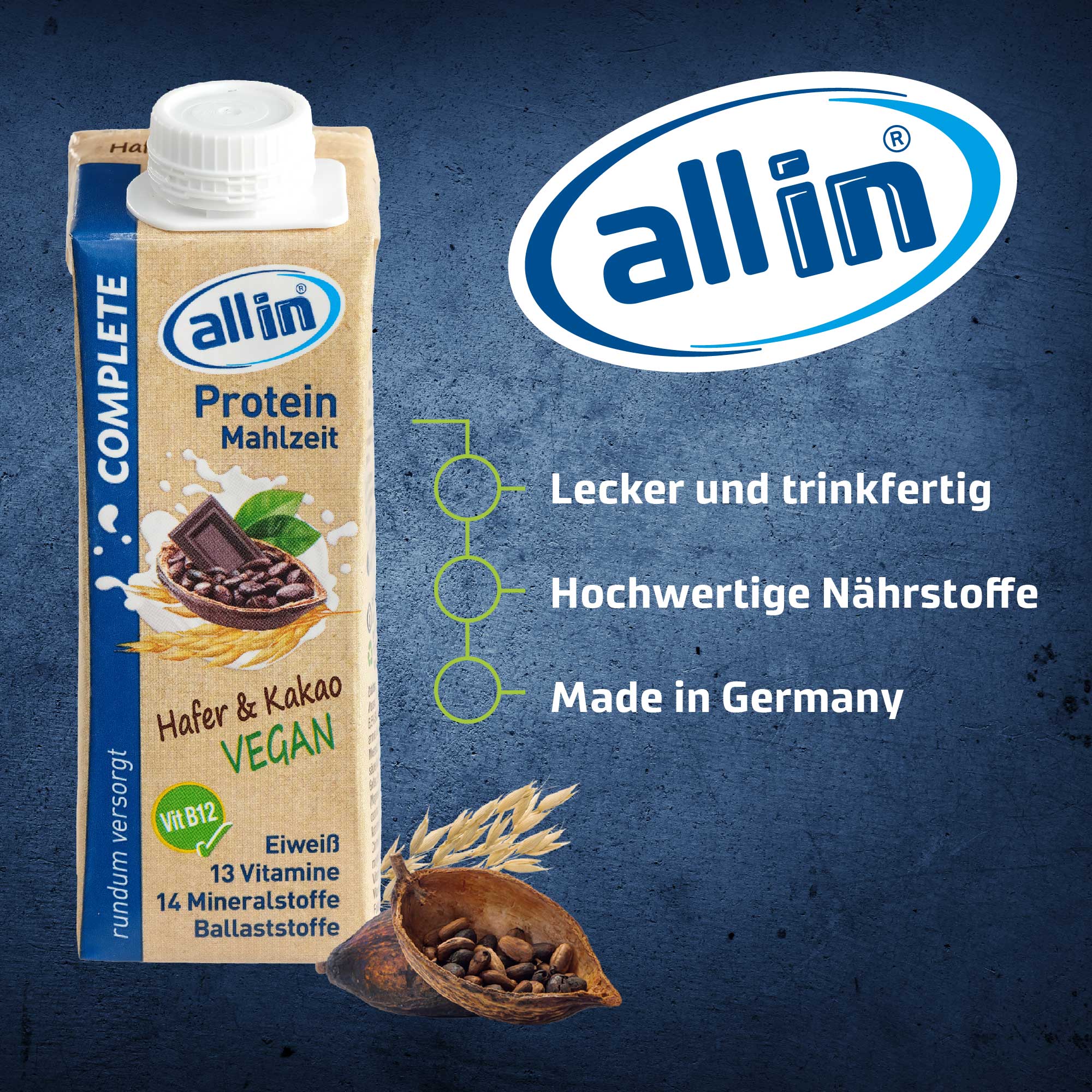 all in® COMPLETE VEGAN Protein Mahlzeit Hafer & Kakao (14 x 250ml)