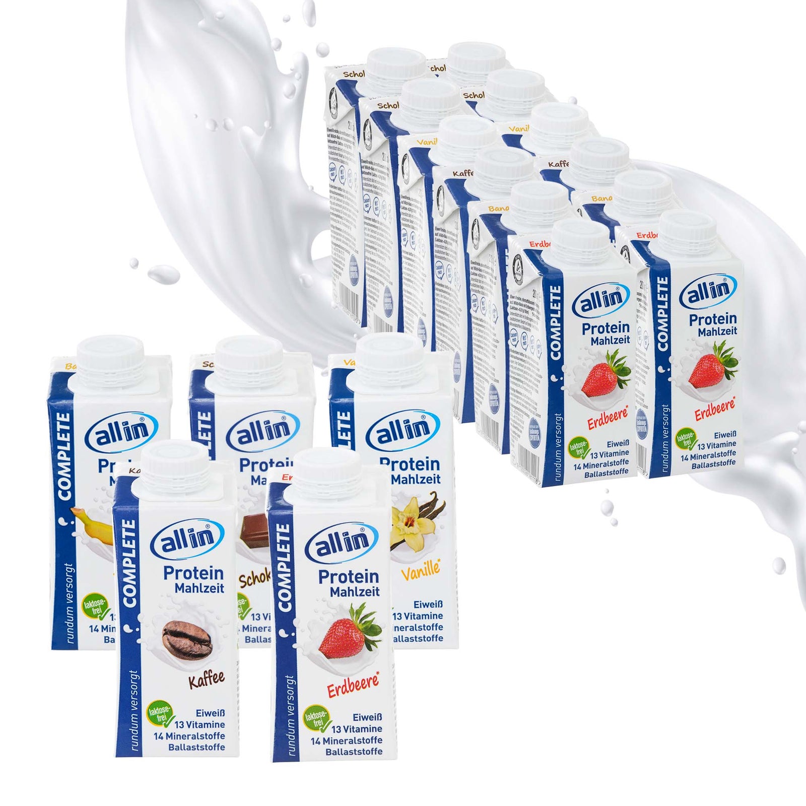 Abbildung Mischkarton all in COMPLETE auf Milchbasis, Sorten Banane, Schokolade, Vanille, Kaffee und Erdbeere 