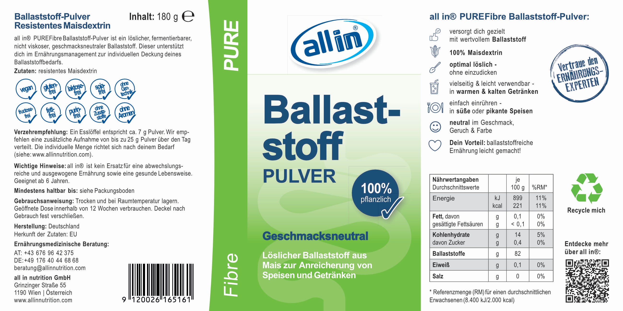 all in® PURE Fibre Ballaststoff Pulver (1 x 180 g)