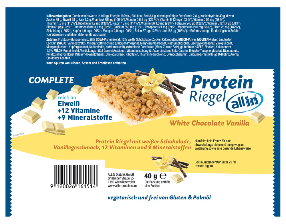 Healthy Riegel all in® COMPLETE Protein Riegel White Chocolate Vanilla (1 x 40g) - all ...
