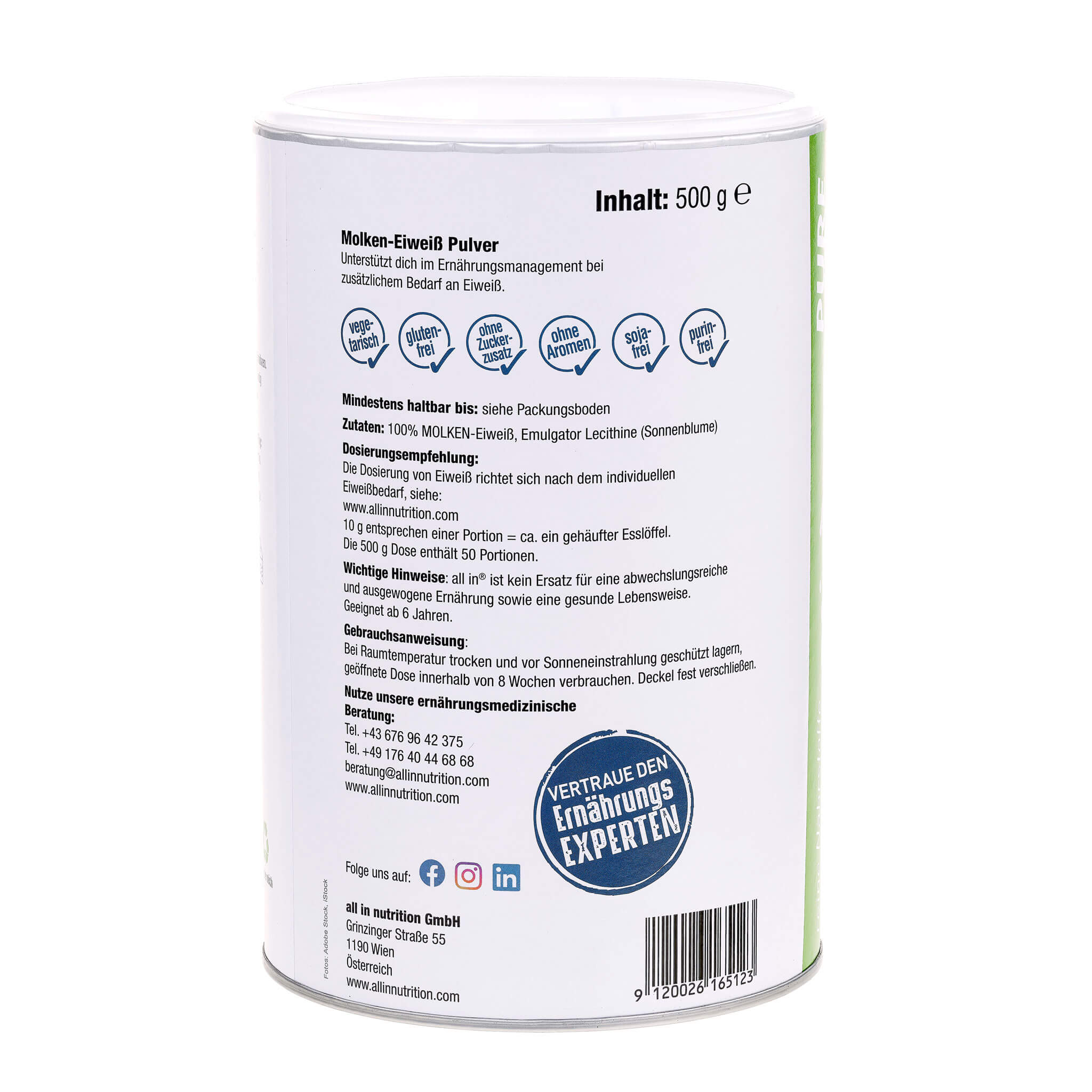 all in&reg; PURE Whey Protein Pulver geschmacksneutral 6x500g