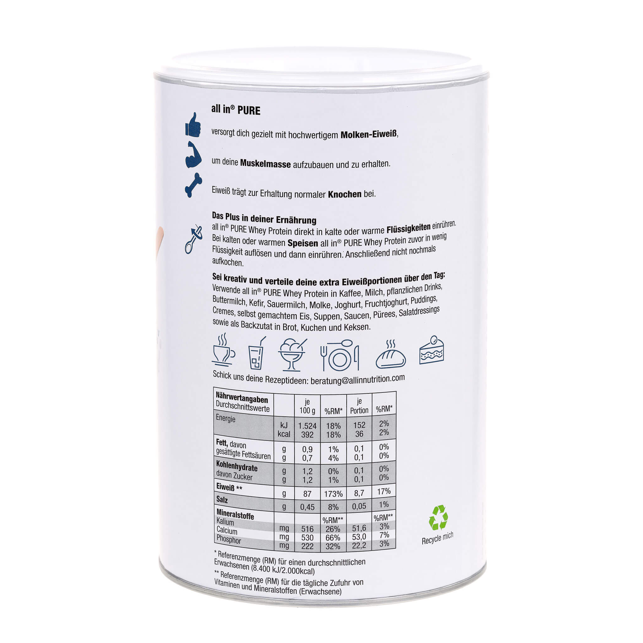 all in® PURE WHEY MOLKEN Protein Pulver (1 x 500 g)