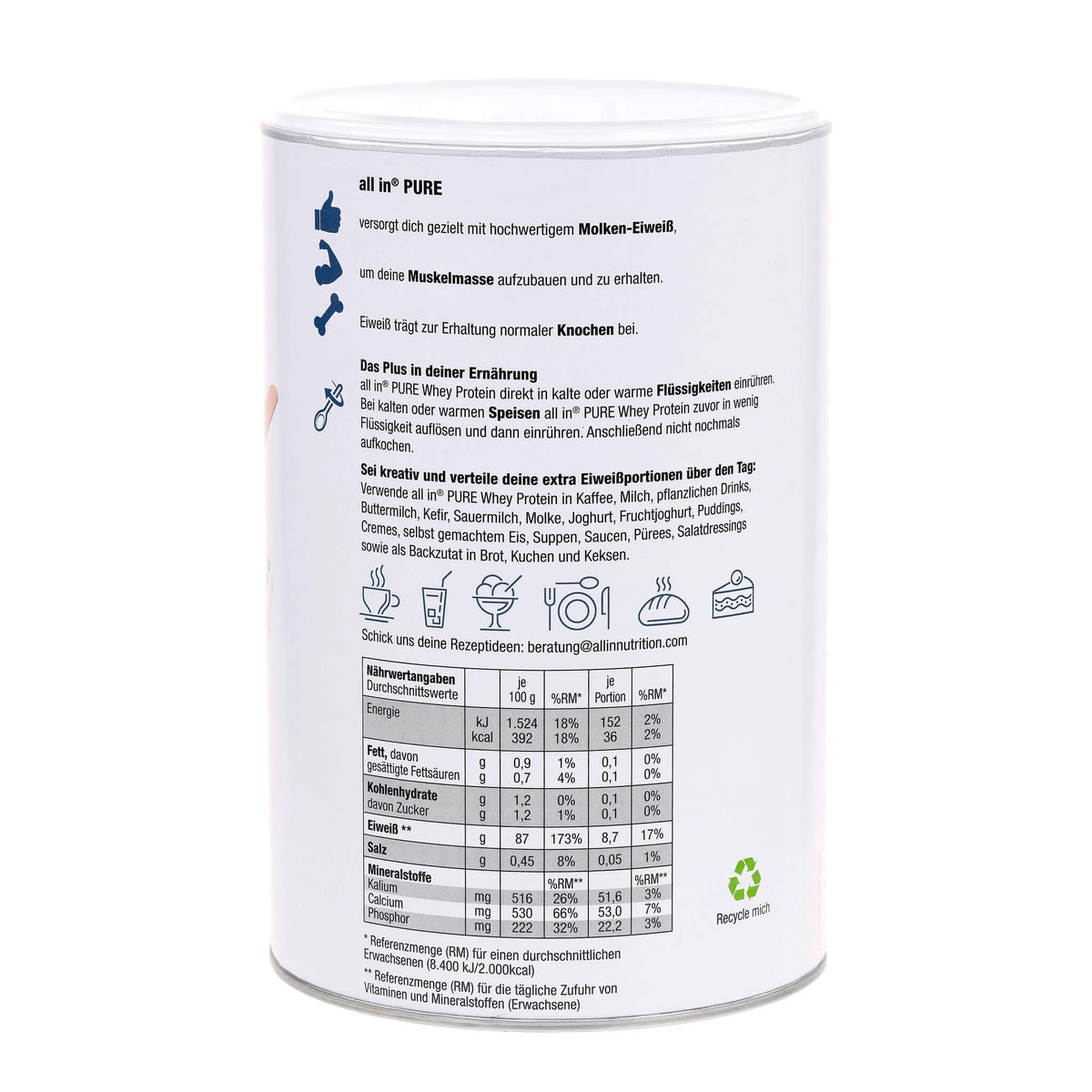 all in® PURE WHEY MOLKEN Protein Pulver (1 x 500 g)