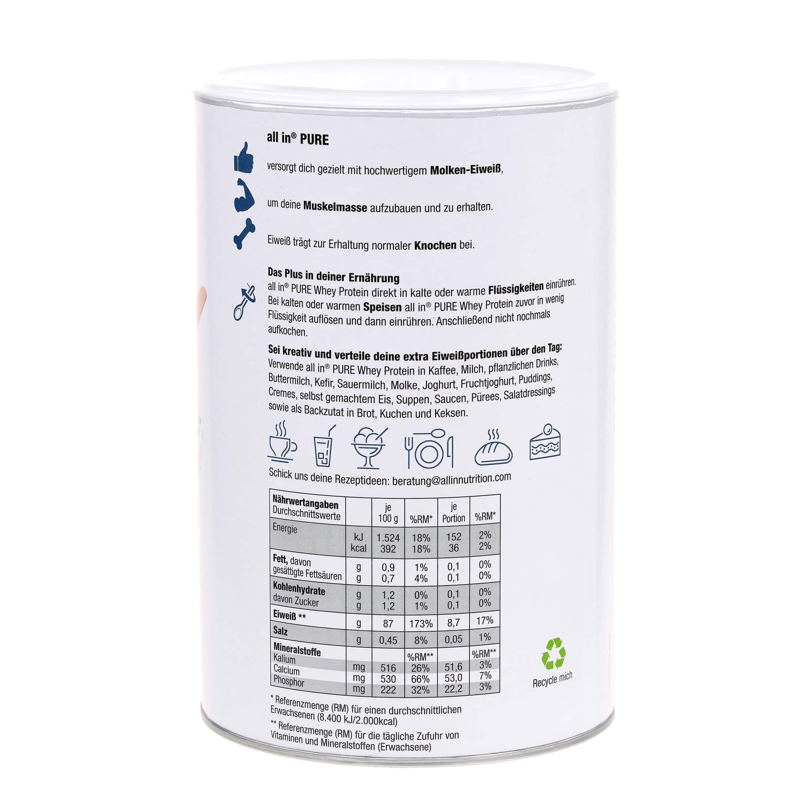 all in® PURE WHEY MOLKEN Protein Pulver (1 x 500 g)