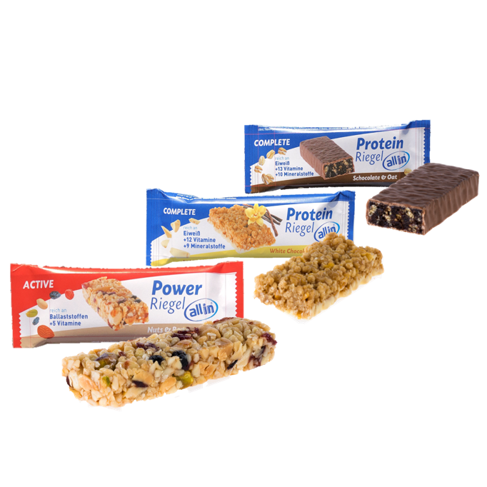 Abbildung aller 3 Riegel (Verpackungen und unverpackte Riegel)